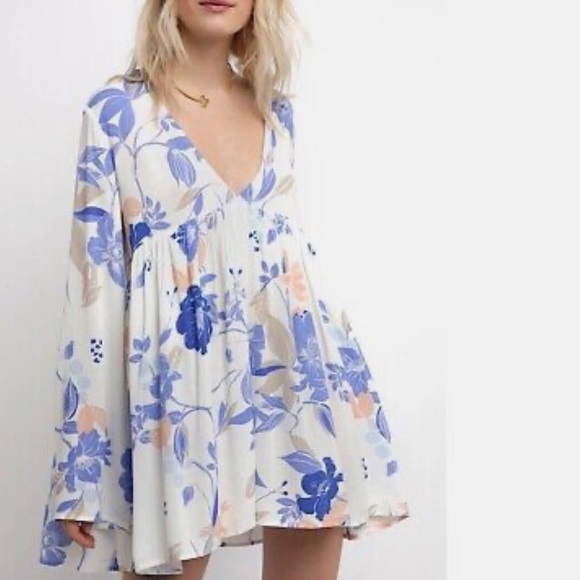 Free People Bella Floral Print Tunic Ivory Blue Combo S - Picture 3 of 9